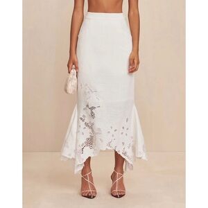 Cult Gaia White High-Waisted Linen Floral Embroidered Erykah Skirt